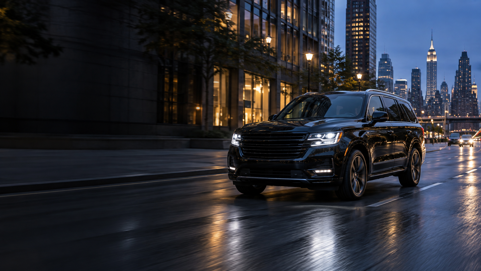 Black executive SUV traveling through Manhattan at blue hour